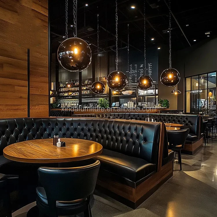 Industrial Style Vintage Bistro BBQ Restaurant Bench Cafeteria Furniture  High Back Leather Button Sofa Booth Seating for Bars