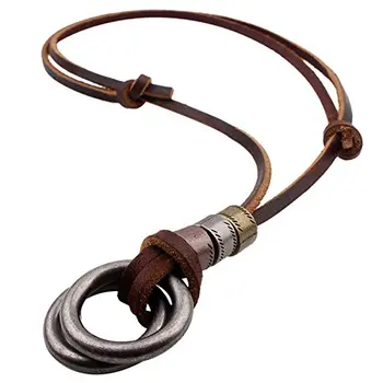 Double Circle Ring Pendant Vintage Retro Men's Leather Cord Necklace