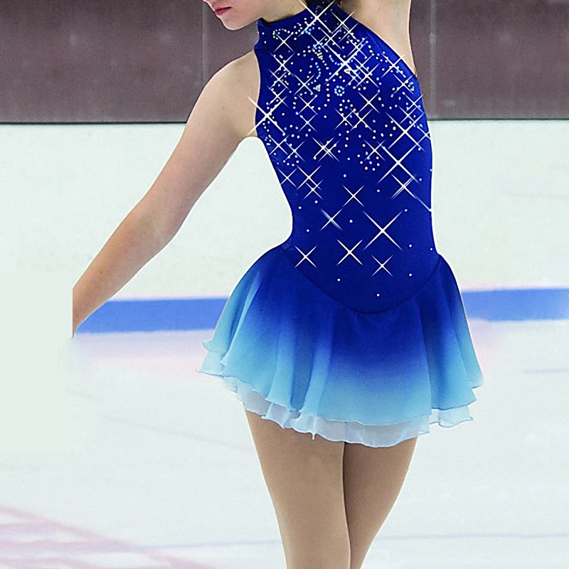 patinage artistique robe mini jupe filles enfants bleu jupe de bal robes de  danse robe de patinage
