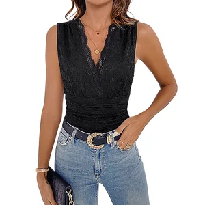 For Independent Station 2025 Summer New European American Cross-border Sexy Casual V-neck Lace Solid Color Skinny Fit