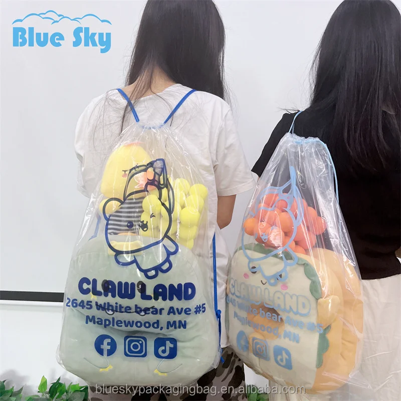 Number One Sales Made in China Large Capacity Drawstring Storage Bag Bear Plush Toy Doll Transparent Plastic Pvc Dust Backpack