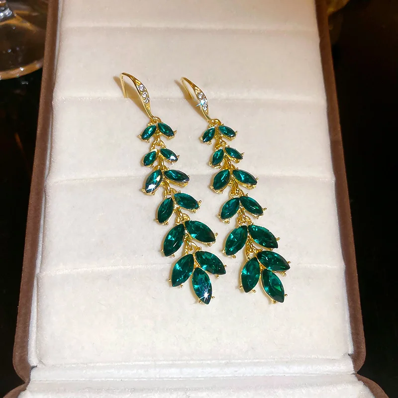 Fresh flash green leaf ear hook light luxury personality temperament earrings