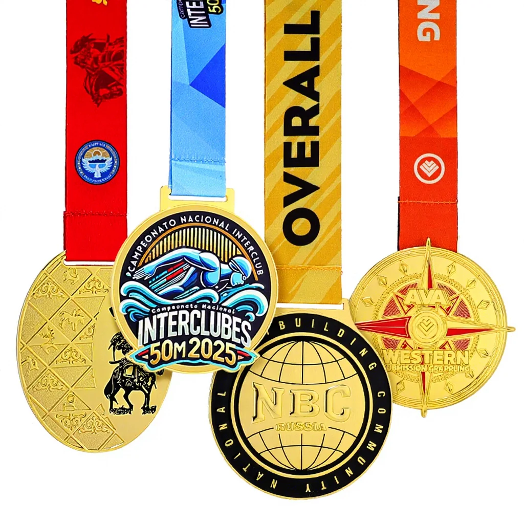 Medalha Esportiva Redonda Dourada Personalizada com Fitas Impressão Gravação Logotipo Personalizado de Alta Qualidade Medalha de Prêmio em Esmalte 3D para Corrida