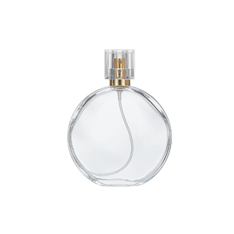Transparent Flat Round Glass Perfume Bottle 30ml 50ml 100ml Fragrance  Atomizer with Pump