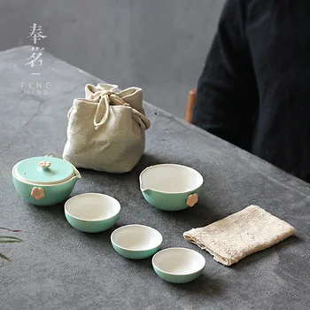 Mini Gaiwan Tea Set with 1 Kungfu Teapot 3 Ceramic Floral tea cups  Portable Bag for Travel Coffee Tea Sets