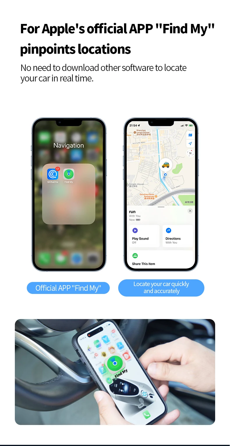 MFi Made iOS GPS Locator Wireless Car Charger PD 20W USB Type-c Anti-Loss Dashboard Dashboard for Apple Find My App 1-Year