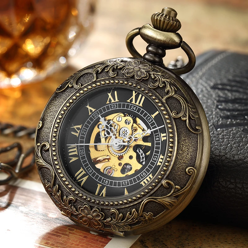 Luxury Retro Golden Hollow Skeleton Mechanical Pocket Watch