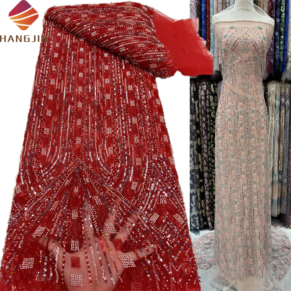 Red Heavy Luxurious French Net Sequin Bead Lace Nigerian