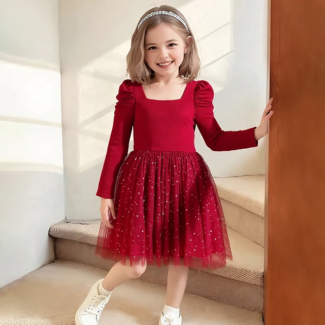 Toddler Girls Printed Long Sleeve Square Collar Worsted Dress Casual Autumn ODM for 2-7 Years