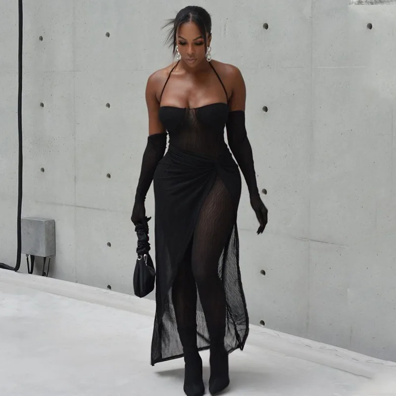 Lagerfe  9948 Haltermesh See Through  Bodysuit Slit Long Skirt Solid Women'S Dresses 2022 Fashion Party Club American Clothing