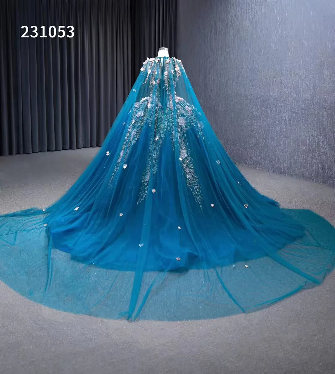 QUEENSGOWN Pearls pink 3d Flowers Party Ball Gown Blue Colour Ball Gown  Suft Tulle Dress Wear
