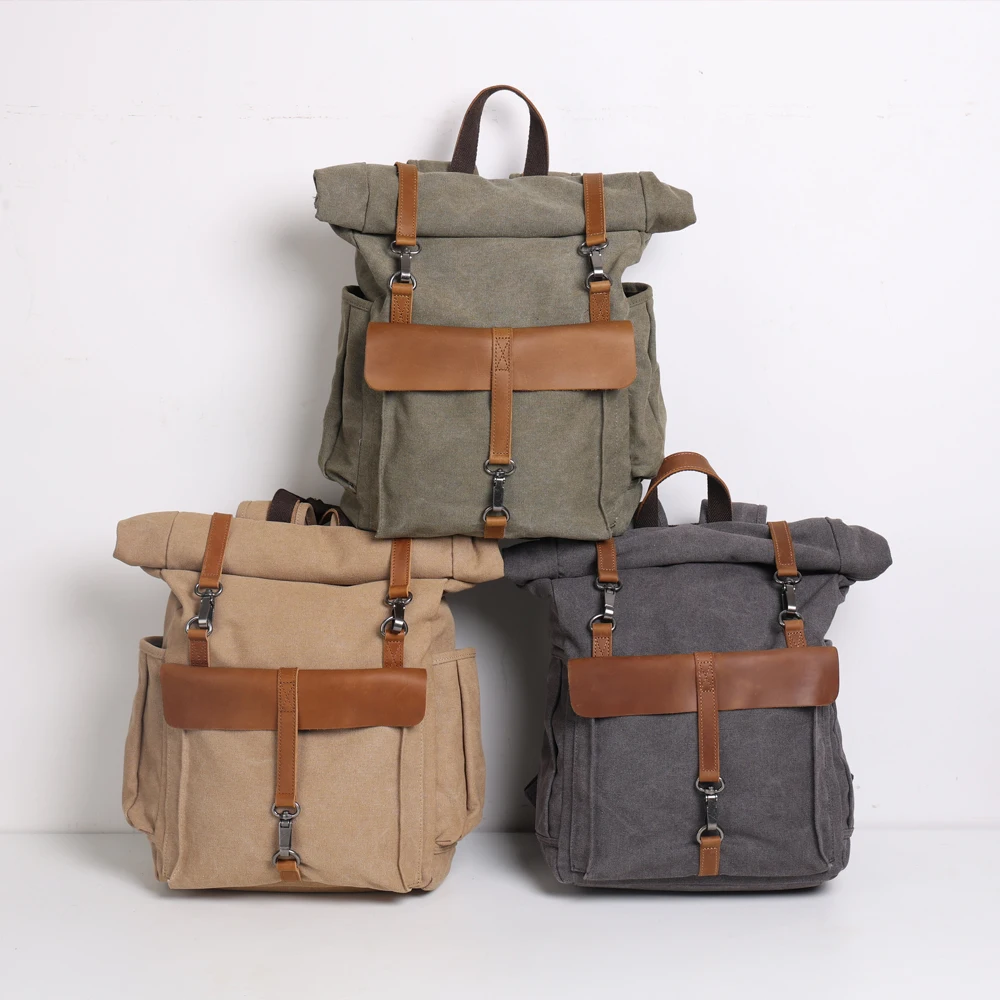Custom Canvas Backpack with Leather Trim Travel Vintage Laptop Backpack for Student