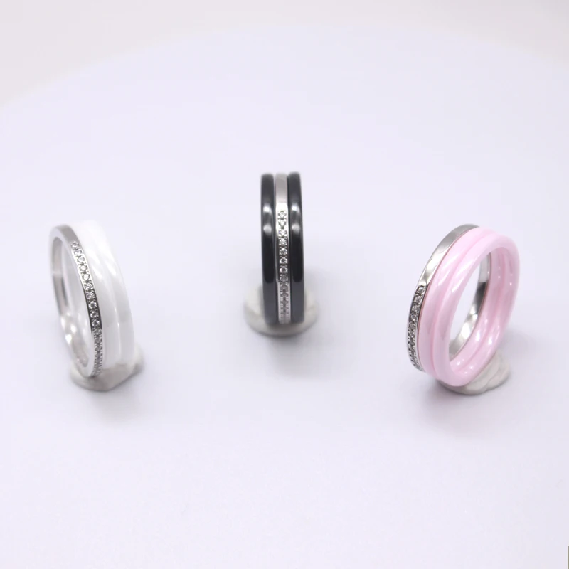 Polished Nano Ceramic Dome Ring with S925 Sterling Silver CZ Diamond Embedded White Gold Electroplated Jewelry Band
