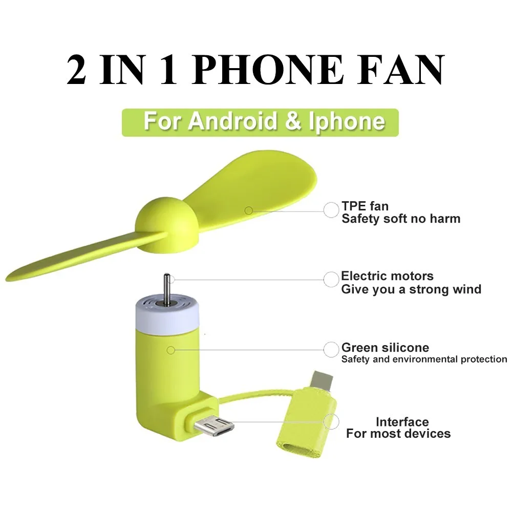 Portable 2 in 1 Mini Soft Phone Fan for Iphone Android Micro Handheld Cooling Cellphone Fan Cooler Mobile Phone Summer USB Fans