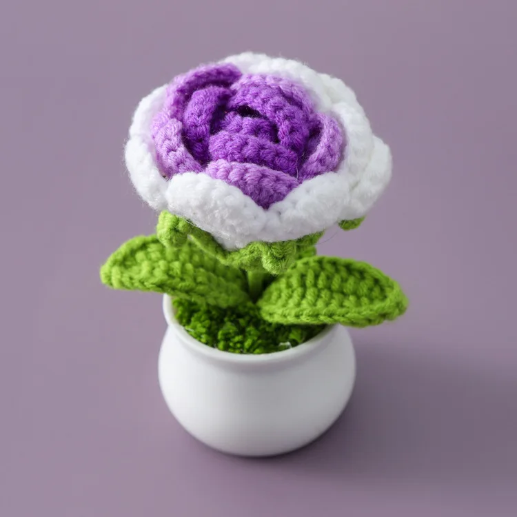 Top Rated Knitted Rose Middle Pot Office Ornament with LED Light Source Preserved Dried Flowers