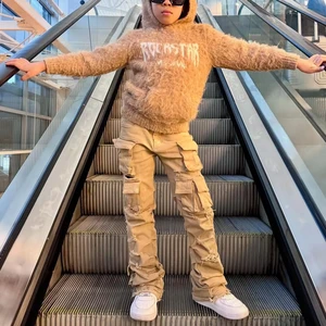 New Design Streetwear Pullover Printed Letters Workwear Pants Multi Pocket Jogger Washable Custom Logo Mohair Kids Clothing Sets