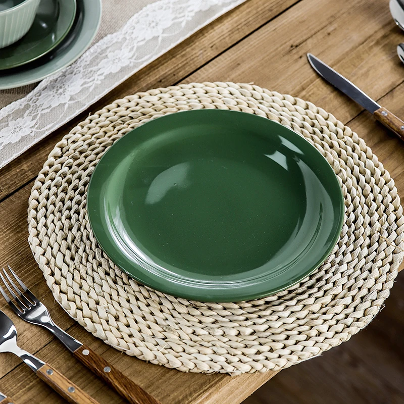 Wholesale Durable Porcelain Wedding Plate Dishes Glossy Green Glazed Ceramic Dinner Plates For Restaurant