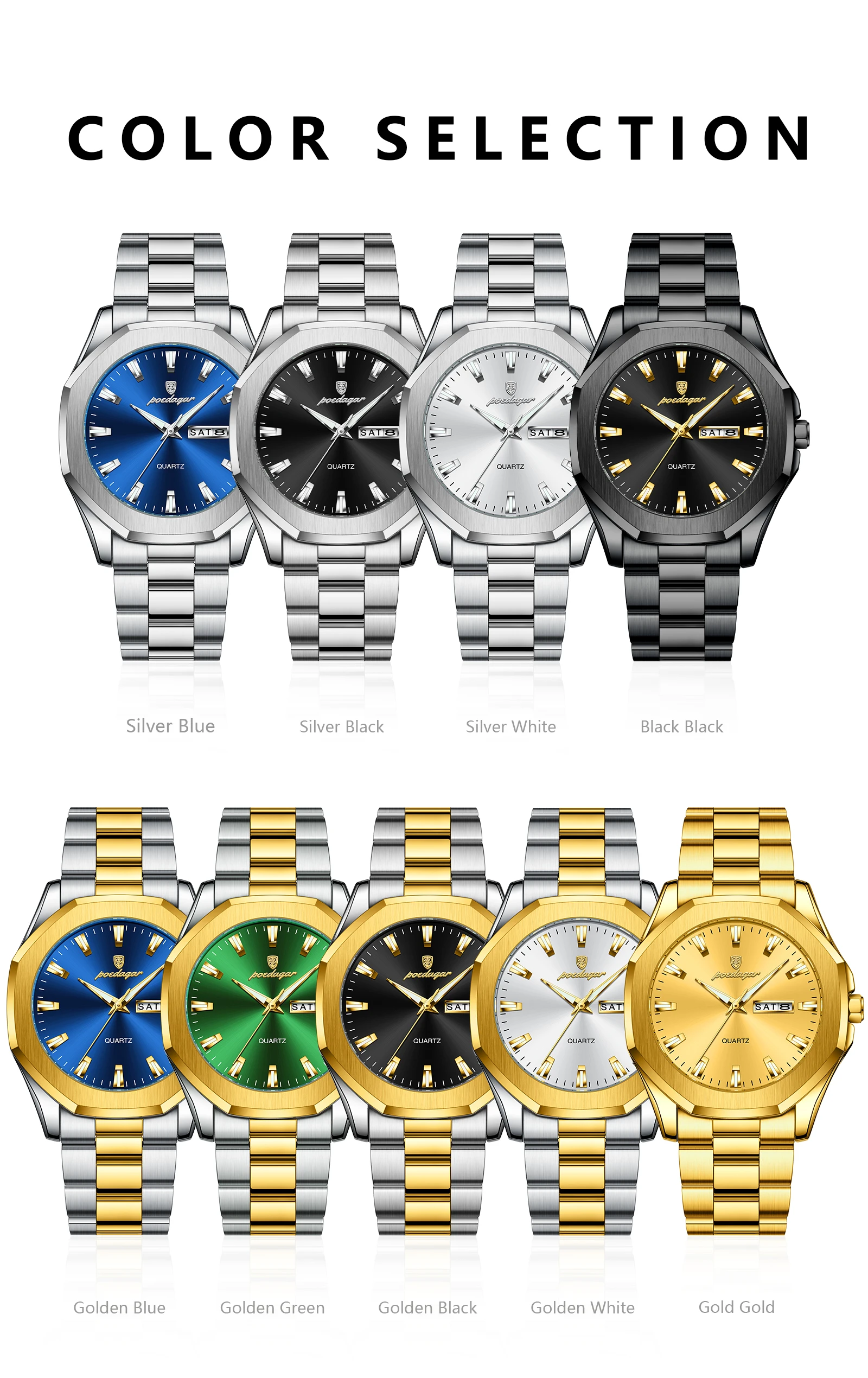 POEDAGAR 875 Men Waterproof Luminous Hands Watch Sport Stainless Steel Wristwatch Original Quartz Men's Dual Calendar Watches