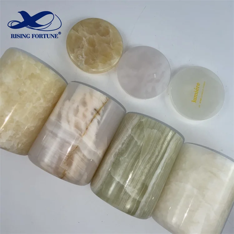 Luxury White Onyx Candle Holders With Lid Marble Stone Onyx Candle Jar