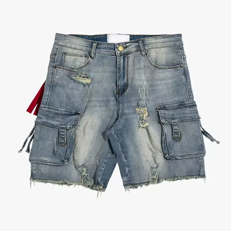 Custom Heavyweight Summer Multi Pocket Denim Trousers Unisex Acid Pickling Lower Hem Cut Edge Denim Pant Ripped Jeans for Men gallery 7