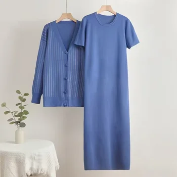 Summer Autumn Solid Color Diamond Long Sleeve Cardigan Knitted with Short Sleeve Dress Women's Sets 2025