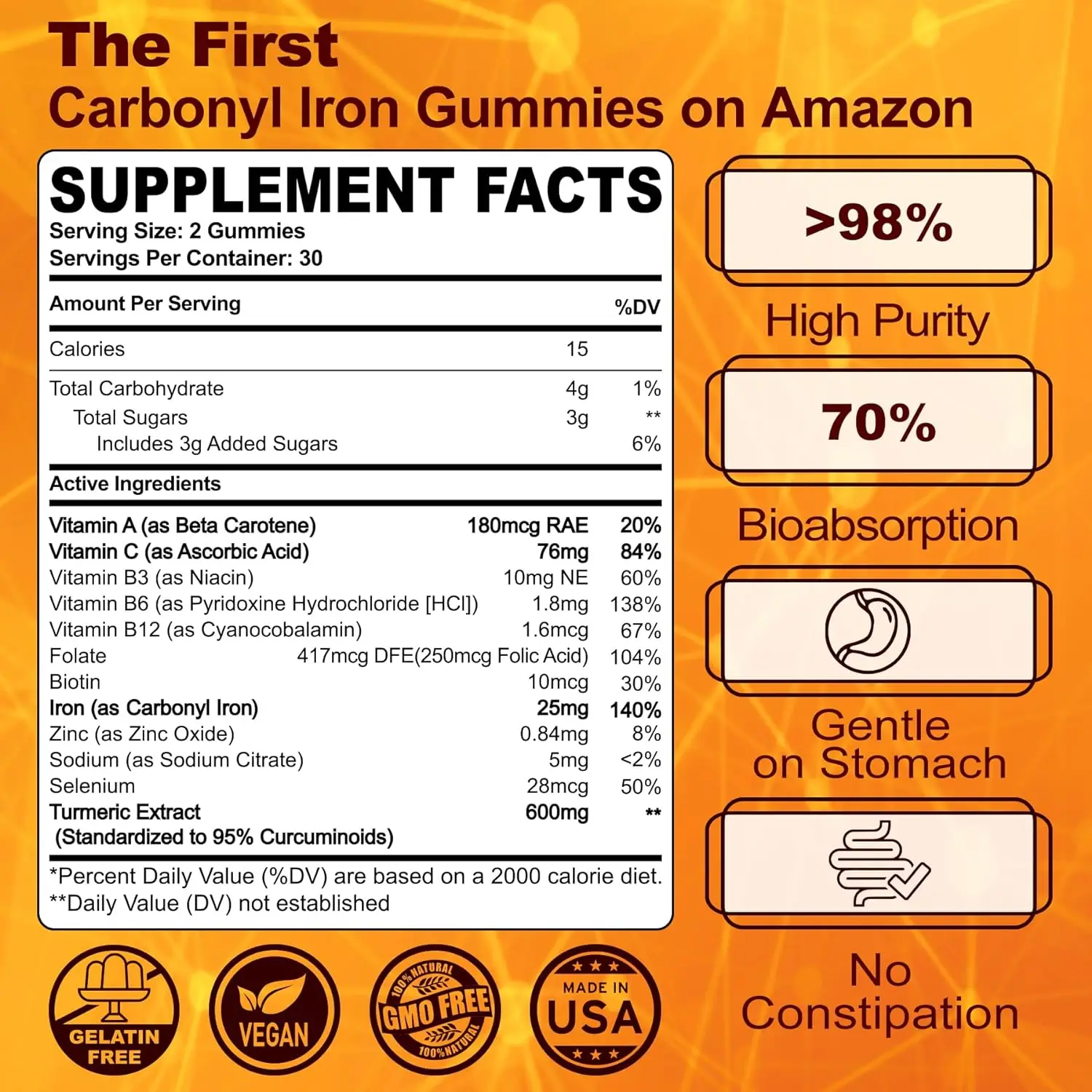 OEM Premium Iron Gummies with Turmeric Vitamin Complex Veagn Iron Gummies 60 Pills Iron Supplement for Boost Hemoglobin