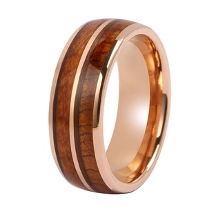 8mm IP Rose Gold High Polished Wedding TIZTI Rings for Men Fashion Wood Inlay Tungsten Ring