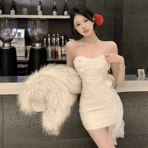 Mini Dress with Floral - Like Fabric Details and a Side Tulle Accent Offers a Sweet and Elegant Look Perfect for Casual Parties