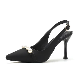 Elegant Black Microfiber Pointed Toe Stiletto Heel Sandals with Pearl Accent & Back Strap, 5CM/7CM/8.5CM Heel for Summer