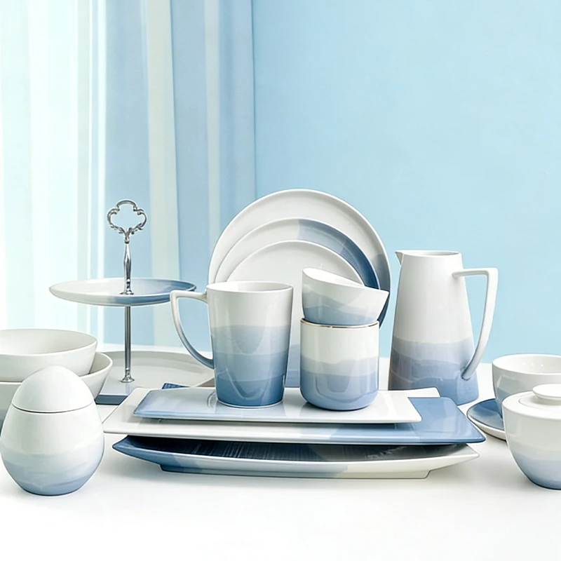 Gradient Blue Porcelain Dinner Set Stylish Ombre Ceramic Tableware with Smooth Finish for Wedding & Gift