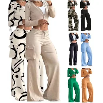 Two Piece Set Women Clothing Patchwork Wide Leg Pants And Long Sleeve Short Top Outfits For Women Pants Set With Pocket