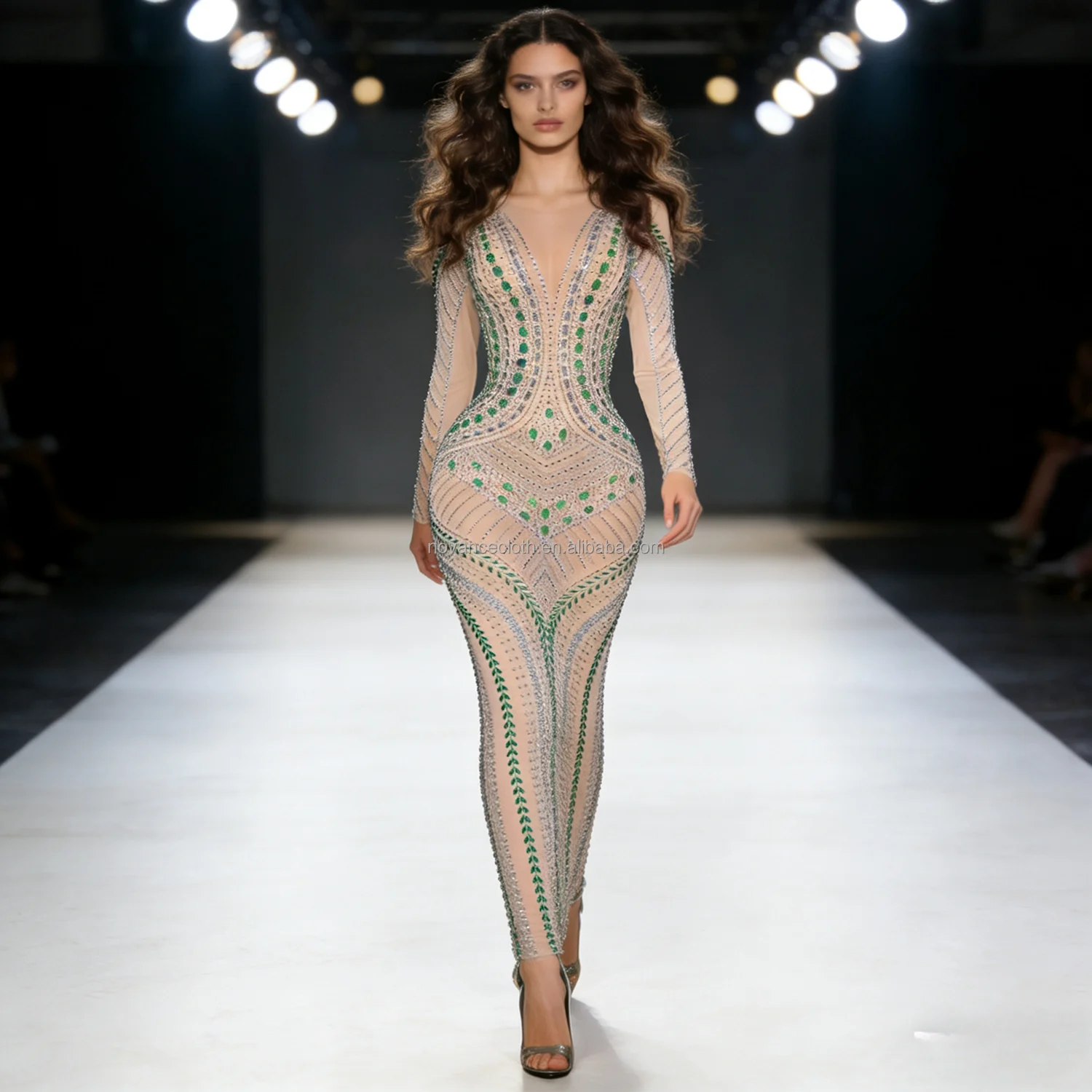 modern chic dresses Novance Y5595 Top Selling Products Shining Green Rhinestones Elegant Long  Sleeve Evening Dress Modern Chic Wedding Guest Dresses