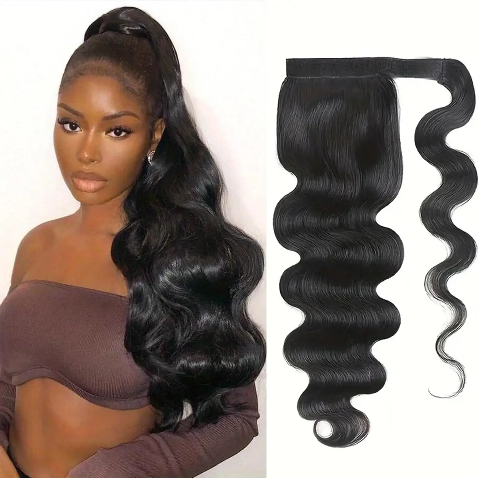 Body Wave Human Hair Ponytail Extension Natural Black Clip In Curly 32 inches_voghion.com