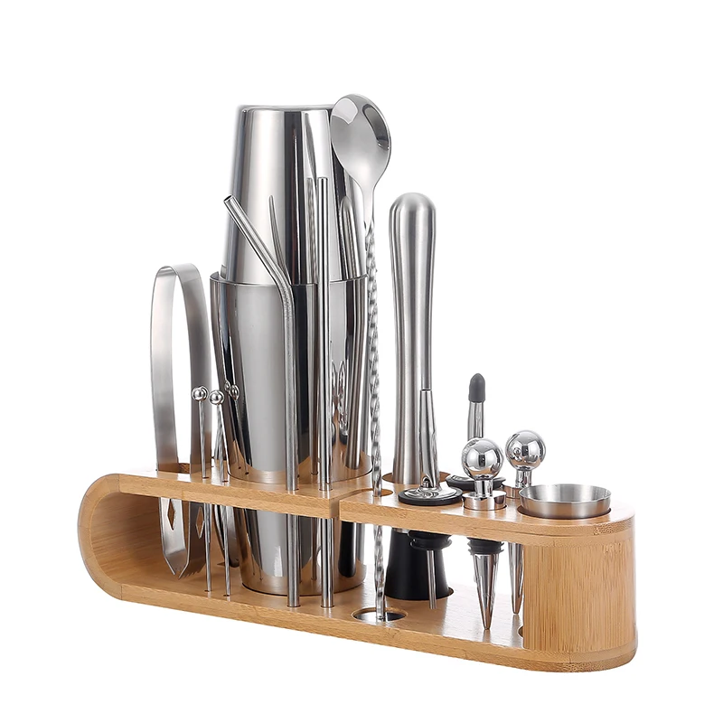 New Design Professional Customized Stainless Steel Cocktail Mixer Set With Wood Stand