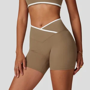 Women's High Waist Fitness Sports Leggings Cross Yoga Shorts with Peach Hip Lift Contrast Color Solid Pattern Yoga Shorts