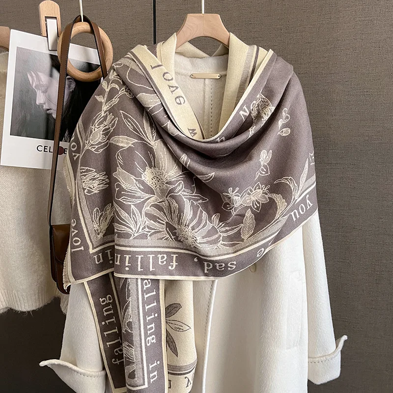 Wholesale 2023 Newest Custom Flowers Pattern Female Outerwear Scarves Winter Cashmere Scarf for Women Pashmina Blanket Shawls