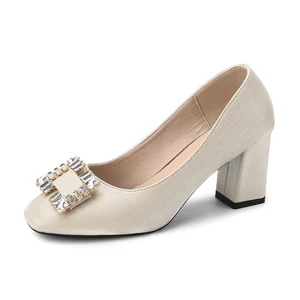 Classy Women's Ivory Satin Square Toe Comfortable Summer Slip-On Block Heel Pumps with Rhinestone Buckle