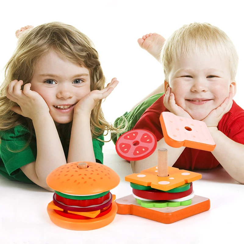 Hot Selling New Wooden Hamburger Sandwich Stacking Kitchen Pretend Play Toys Hobbies Baby Kids Other Toys For Children Girls