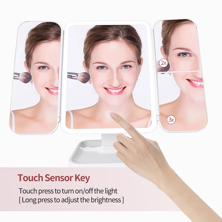 Factory Customized High Quality Tabletop 360 Trifold Cosmetic Standing Mirror 3 Sided Three Way Led Vanity Mirror with Lamp