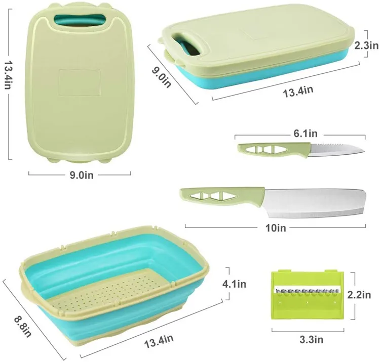 9 in 1 Multi Chopping Board Kitchen Vegetable Washing Basket Collapsible Chopping Board with Colander for Camping