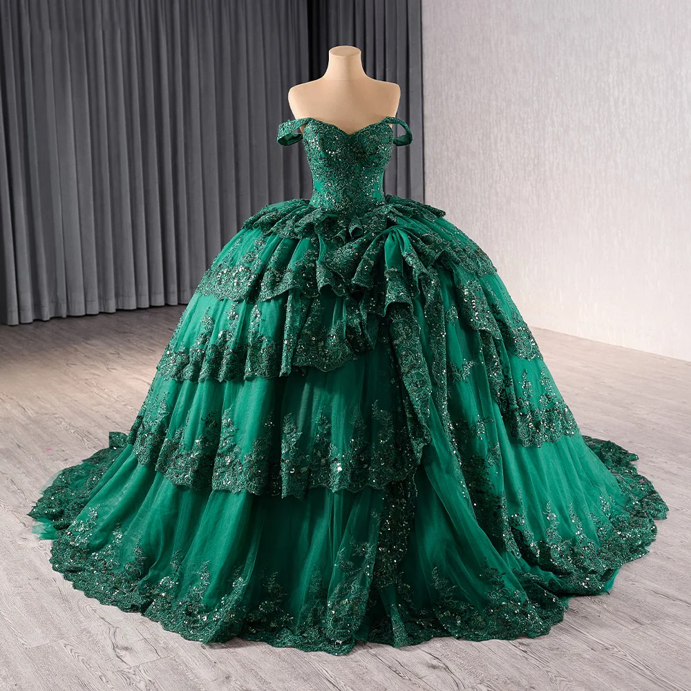 green emerald velvet dress Sage Green Quinceanera Dress Off-Shoulder Applique Lace Beaded Tulle B –  formalgowns main image 1