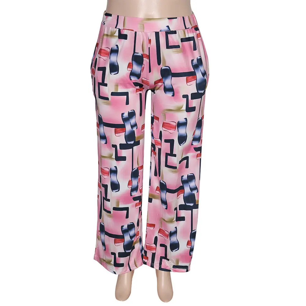 New arrival Casual letters geometric flower print stretch waist wide leg plus size women's pants & trousers