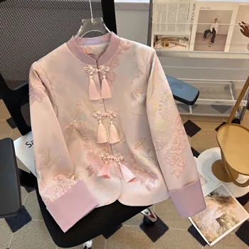 New Chinese Ladies Satin Blouse Jacquard Embroidery Spring and Autumn Loose Long-sleeved Jacket Tang Suit Women's Fall Clothing