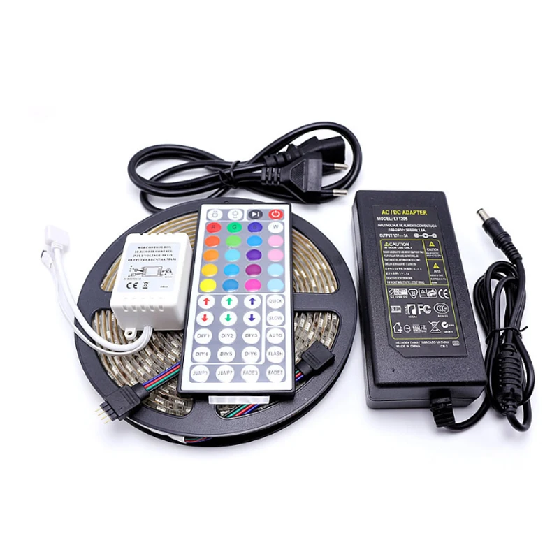 16.4 Feet LED RGB Flexible Strip Light Kit, 300 Units SMD 5050 LEDs 12v Dc Waterproof 44 Key Remote Controller Power Supply Kitchen Bedroom Car Party