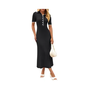 Women's Regular Fit V-Neck Ribbed Knit Maxi Dress Bodycon Sweater Button Short Sleeves Solid Natural Chiffon Summer 100% Cotton