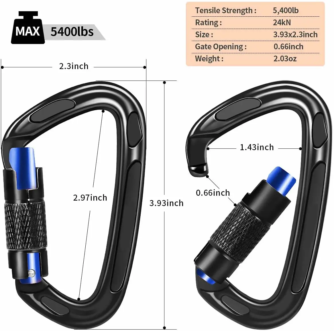 24kn Certified Auto Locking Climbing Carabiner Clips Hook Heavy Duty