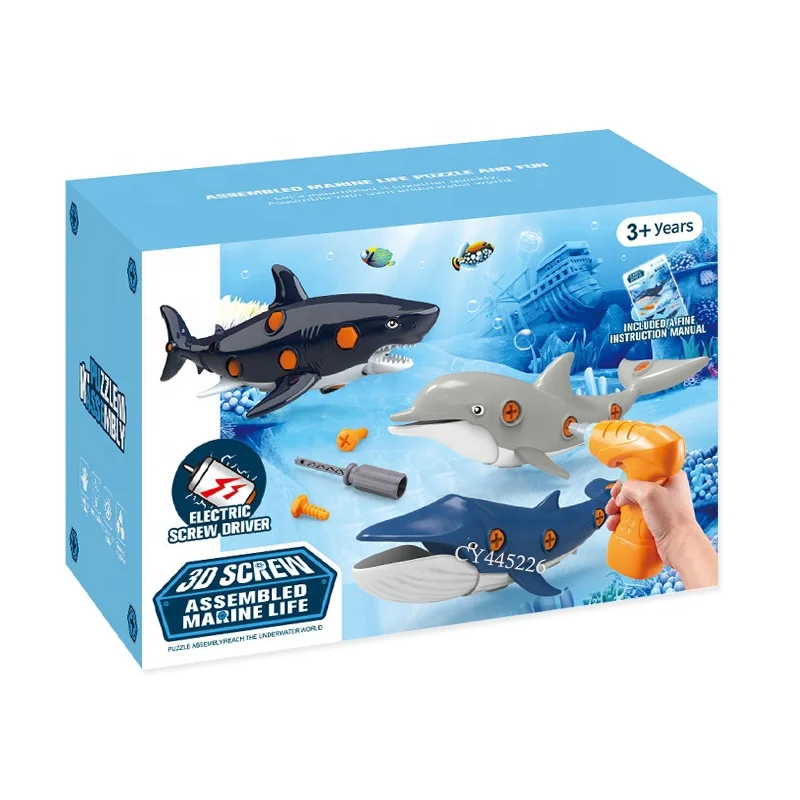 2022 New Design 3D Screw Assembled Marine Life Dolphin Shark Whale Electric Hand Drill Early Educational Toys Puzzle Toys