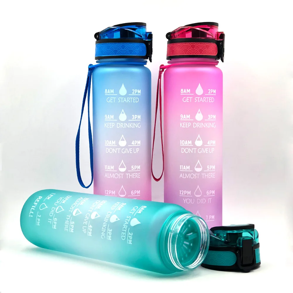 Yoga Gym Outdoors Geritto Motivational Water Bottle with Time Markings Leak Proof Perfect for Running and Camping 1000ml Non-Toxic BPA Free Tritan Drinking Bottle with Fruit Strainer 