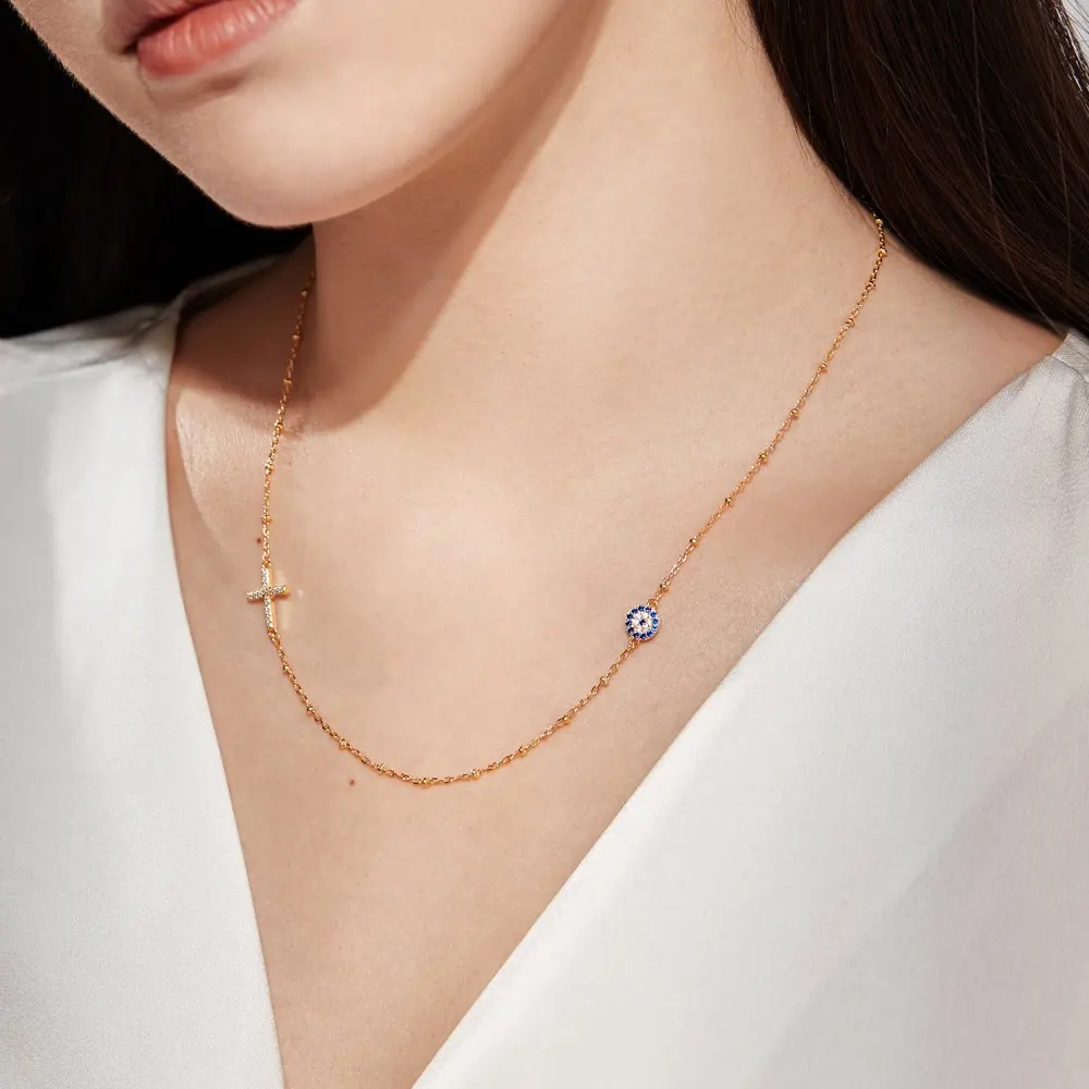 KAKODIY Water Drop Delivery Fine Jewelry Turkish Blue Magic Eye Pendant Necklace Paved Cubic Zirconia Cross Necklace for Women detail 2