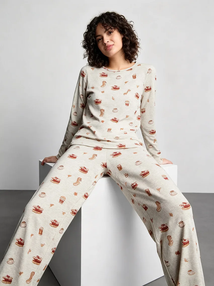 Womens Polyester Spandex Pajama Set Long Sleeve Round Neck Allover Print Lounge Wear Sleepwear Autumn Winter — detail